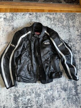 HJC Black Leather Motorcycle Jacket with White Reflective Stripes